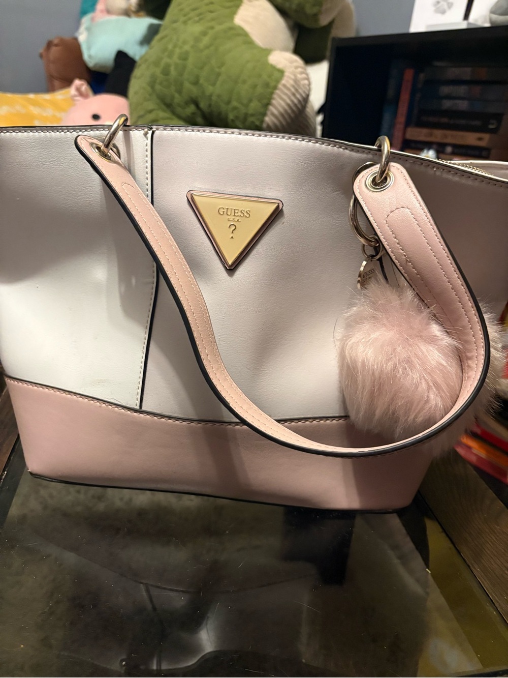 GUESS Pink and White Colorblock Tote with Pom-Pom Charm